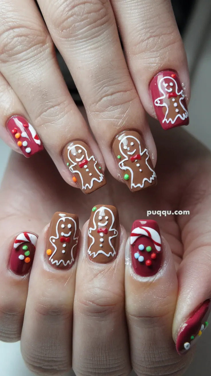 Fingernails with gingerbread man and candy-themed nail art.