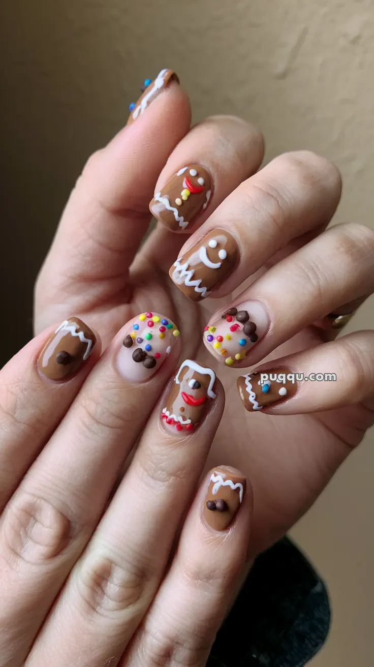 Hands with gingerbread-themed nail art featuring white icing patterns and colorful candy accents on a brown background.