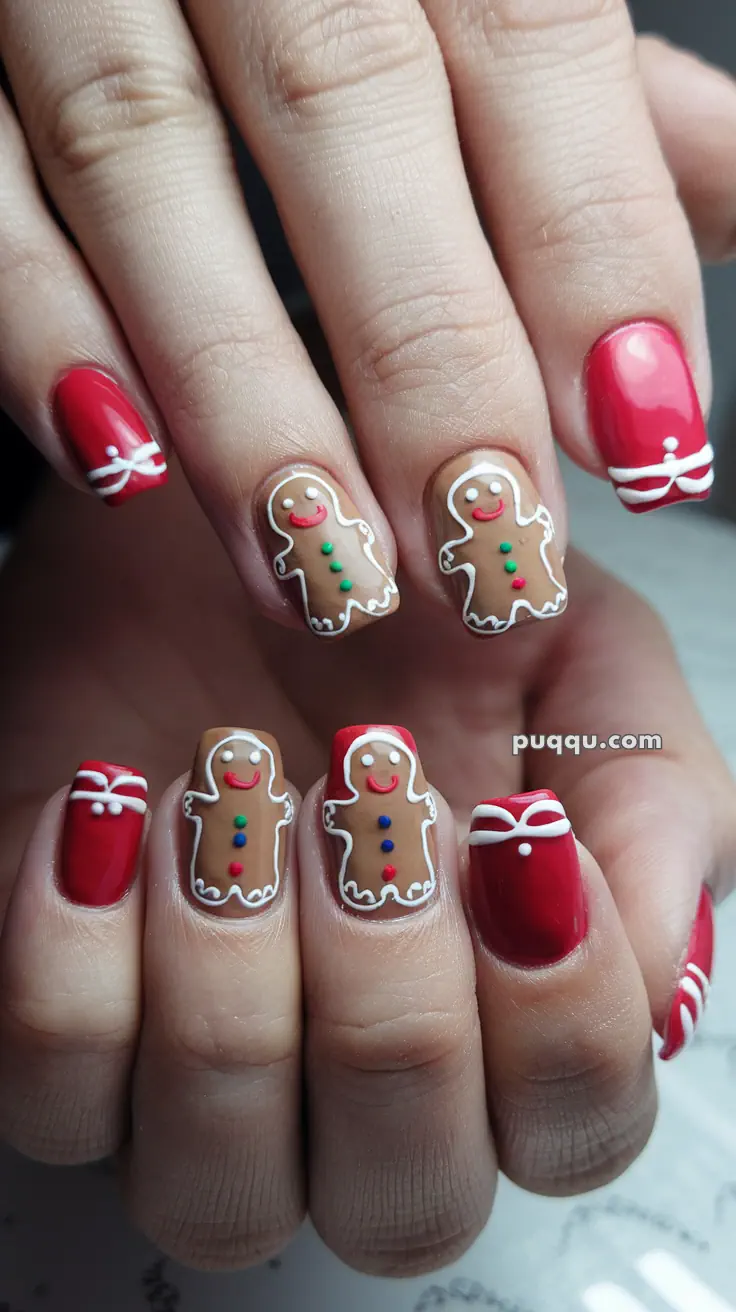 Red nails with festive gingerbread man and white bow designs.