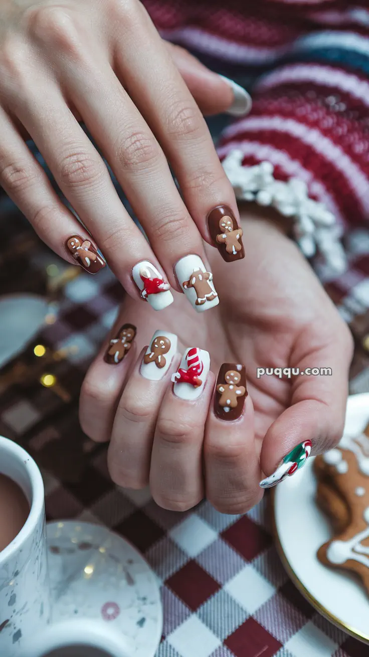 Holiday-themed nail art with gingerbread men and candy designs.