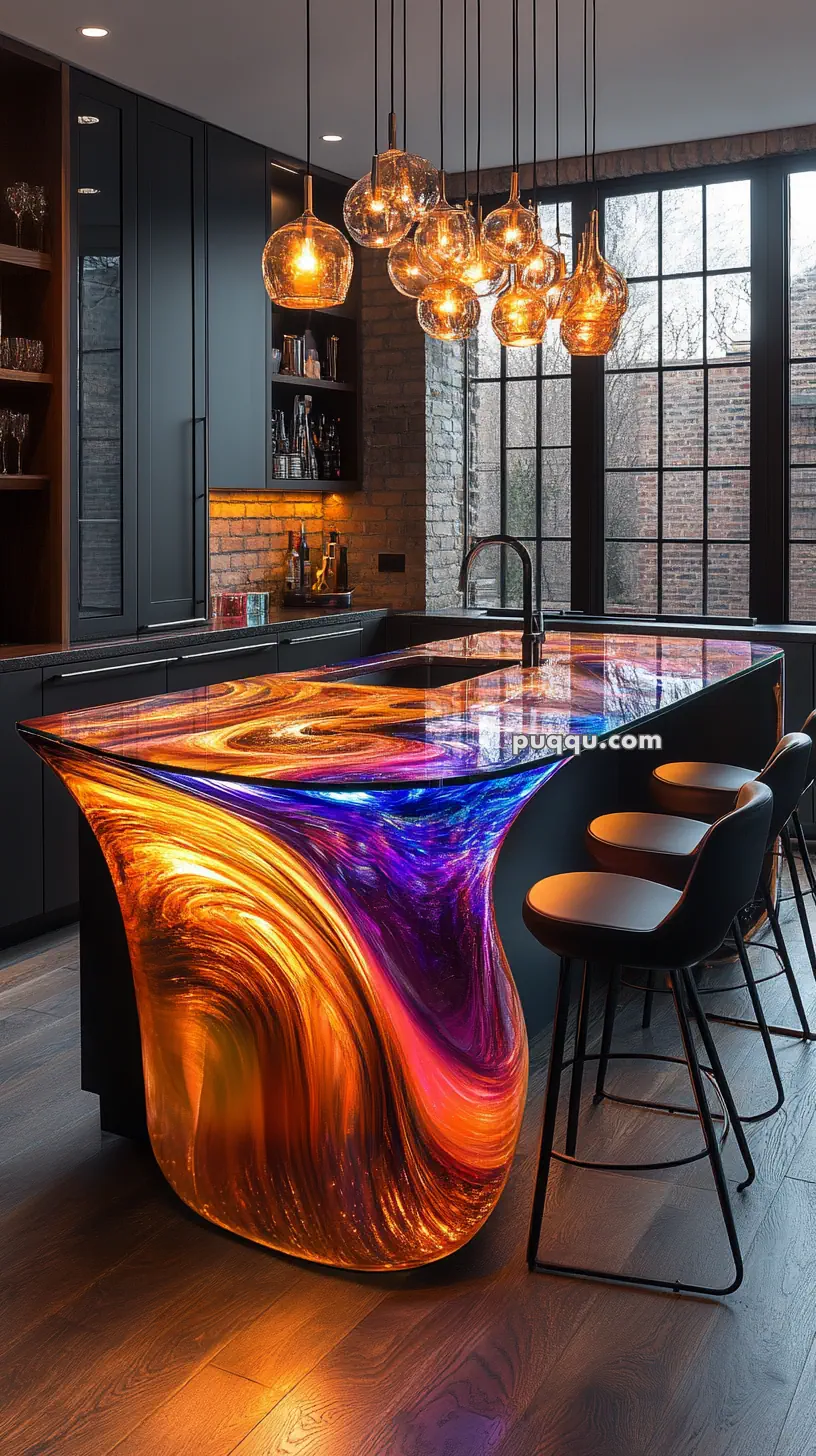 Modern kitchen with a colorful, swirling patterned island, black cabinetry, exposed brick wall, and hanging pendant lights.