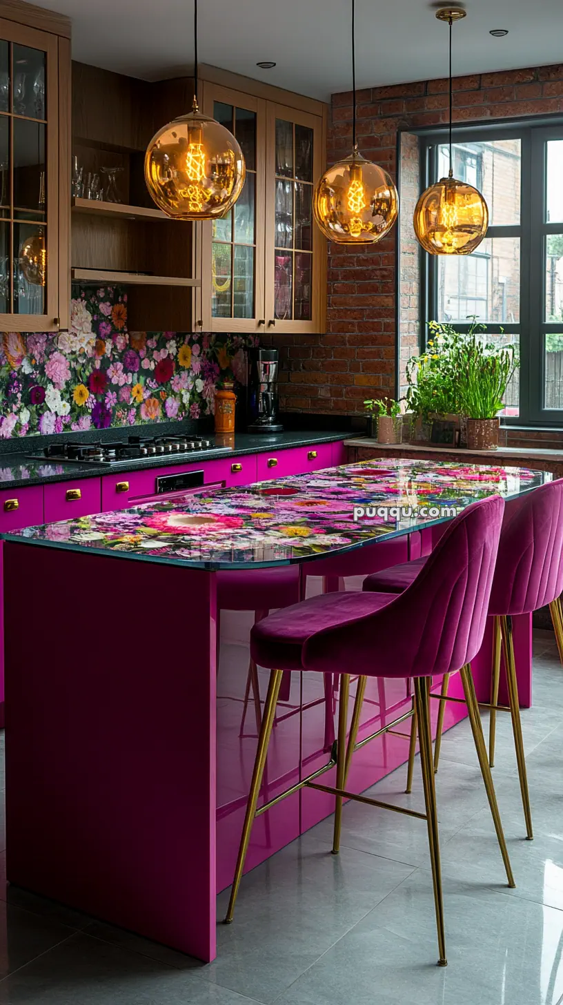 Colorful kitchen with magenta island and floral countertop, brick walls, and golden pendant lights.