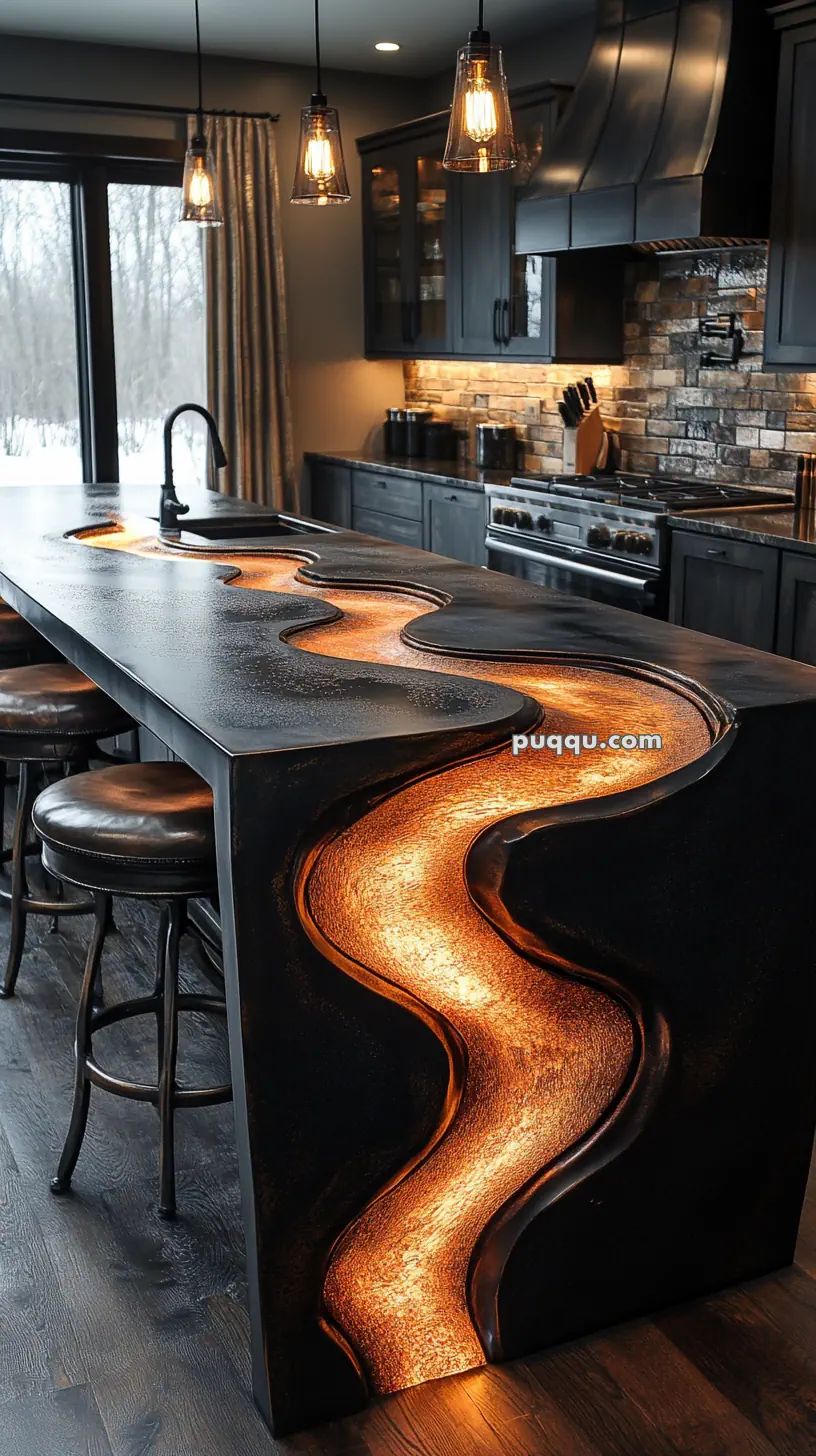 Modern kitchen with a unique black island featuring an illuminated, winding amber river design, surrounded by leather barstools, pendant lights, and dark cabinetry.