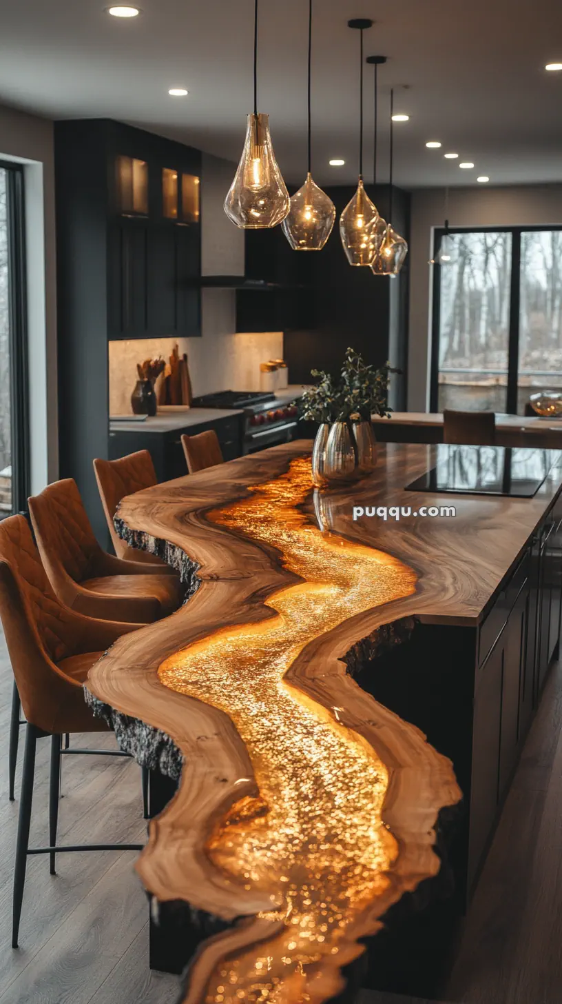 A modern kitchen with a glowing epoxy resin river table, surrounded by brown chairs, under artistic pendant lights.