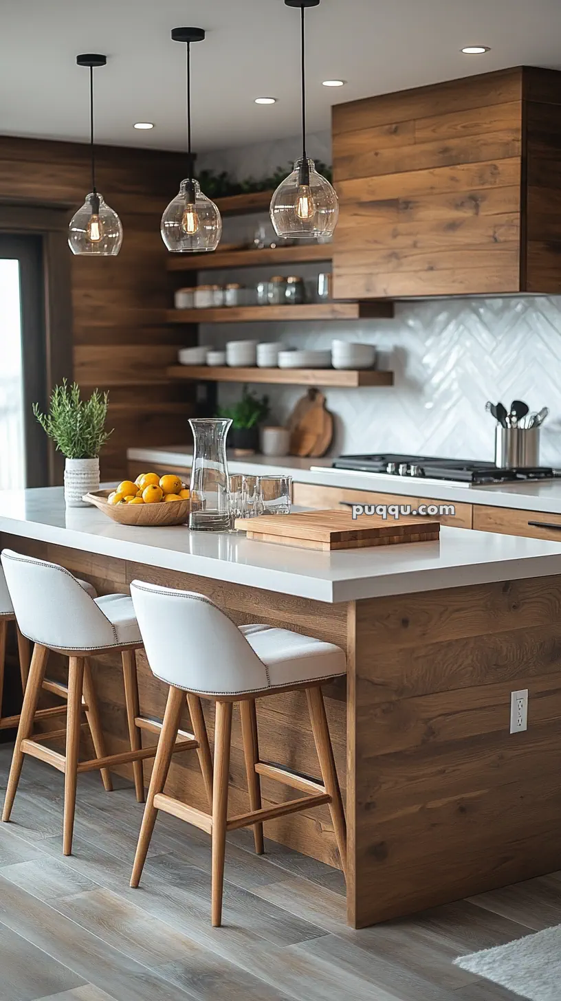 Modern kitchen with wood cabinetry, pendant lighting, white countertops, and barstools.