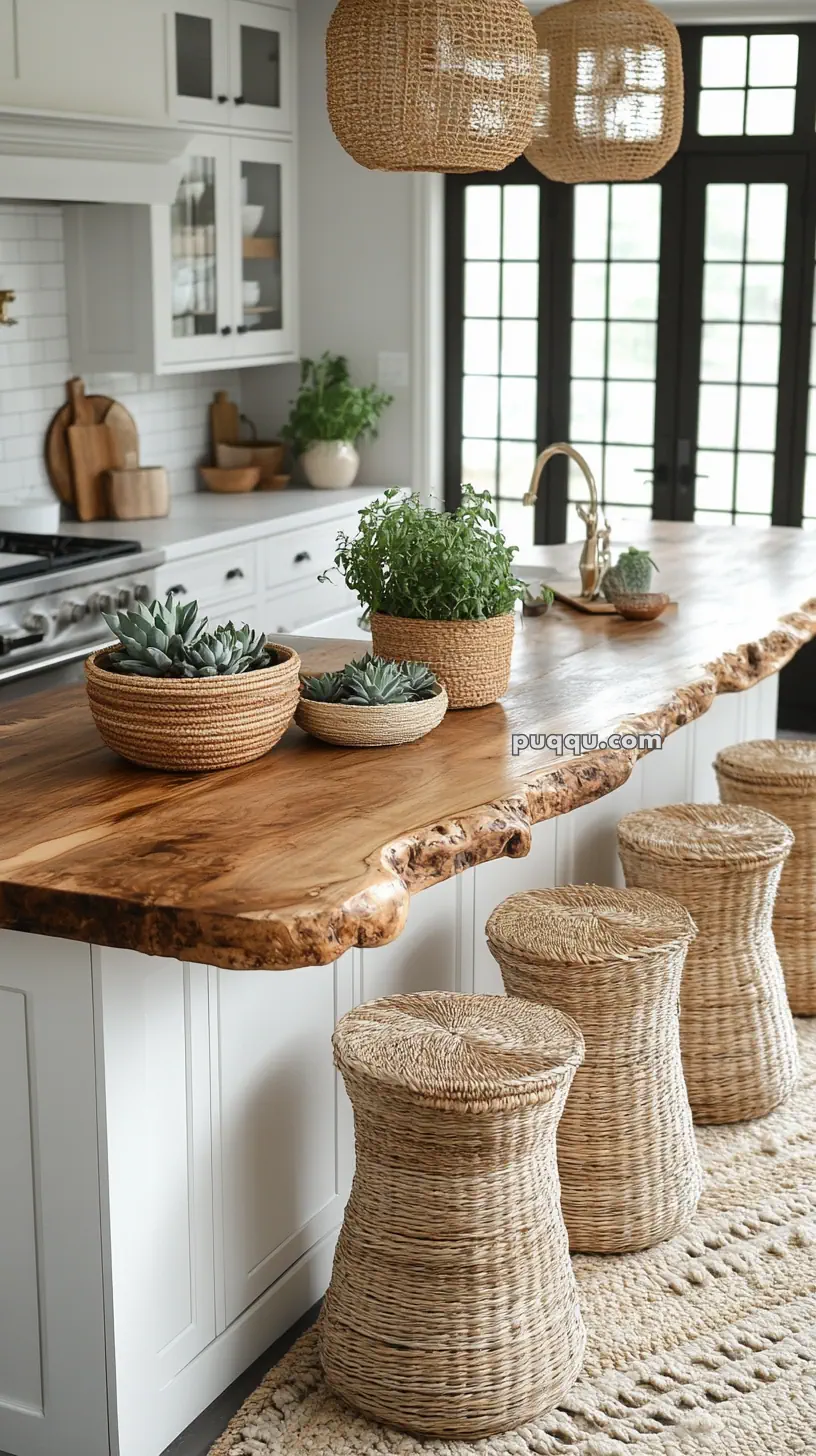 Kitchen with a wooden live-edge countertop, woven basket stools, hanging basket lights, and potted plants.