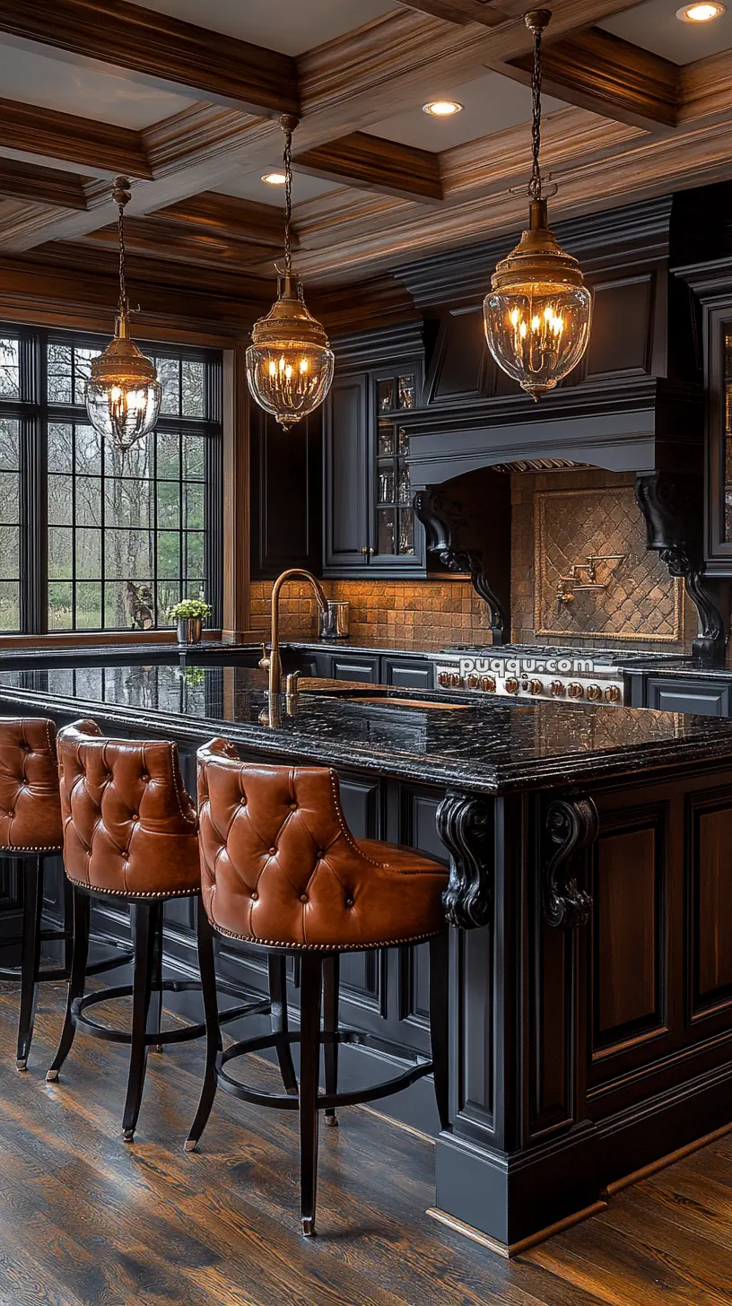 Luxurious kitchen with dark wooden cabinets, marble countertops, tufted leather bar stools, and ornate pendant lighting.