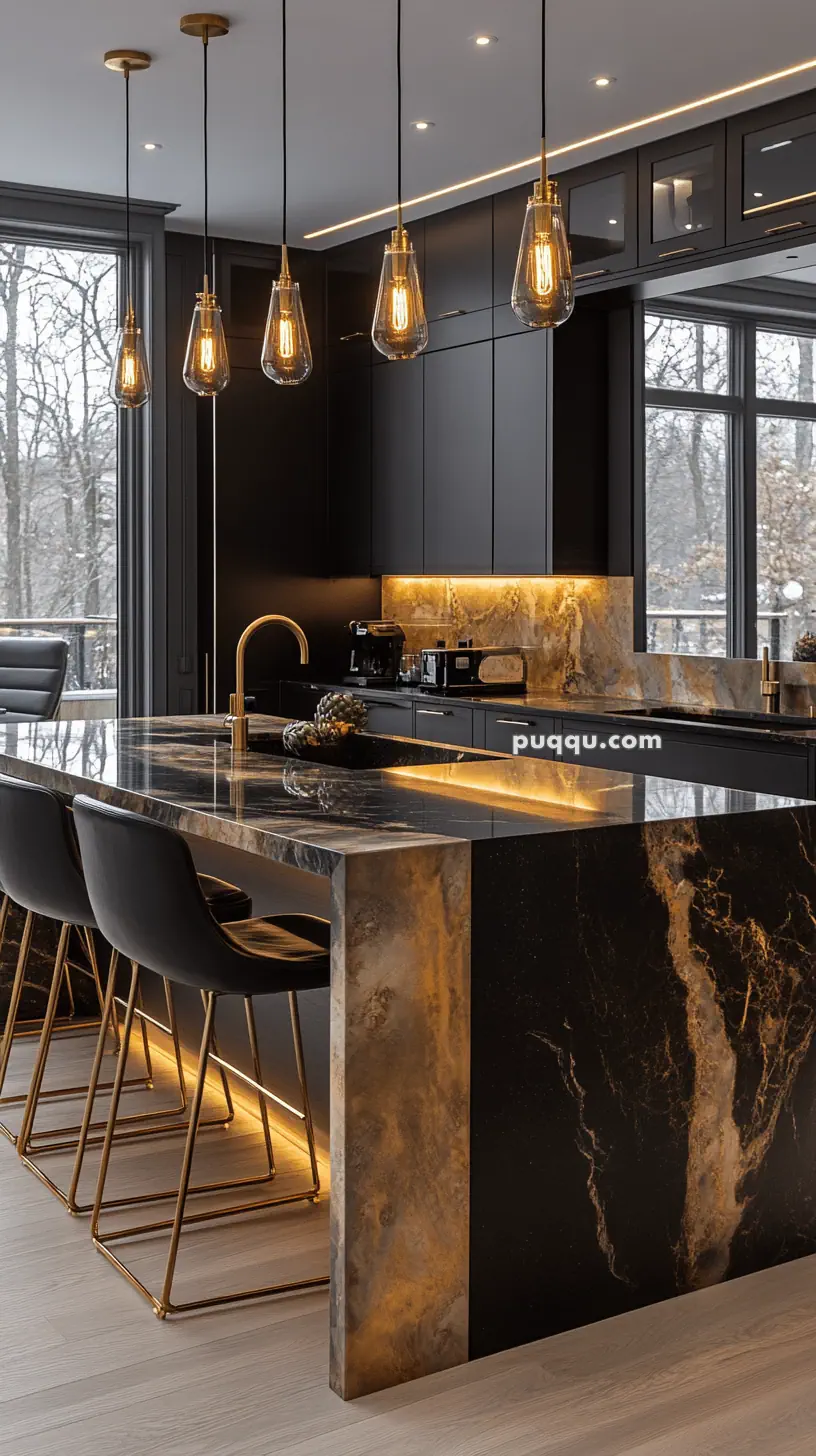 Modern kitchen with black and gold marble island, barstools, pendant lights, and large windows.