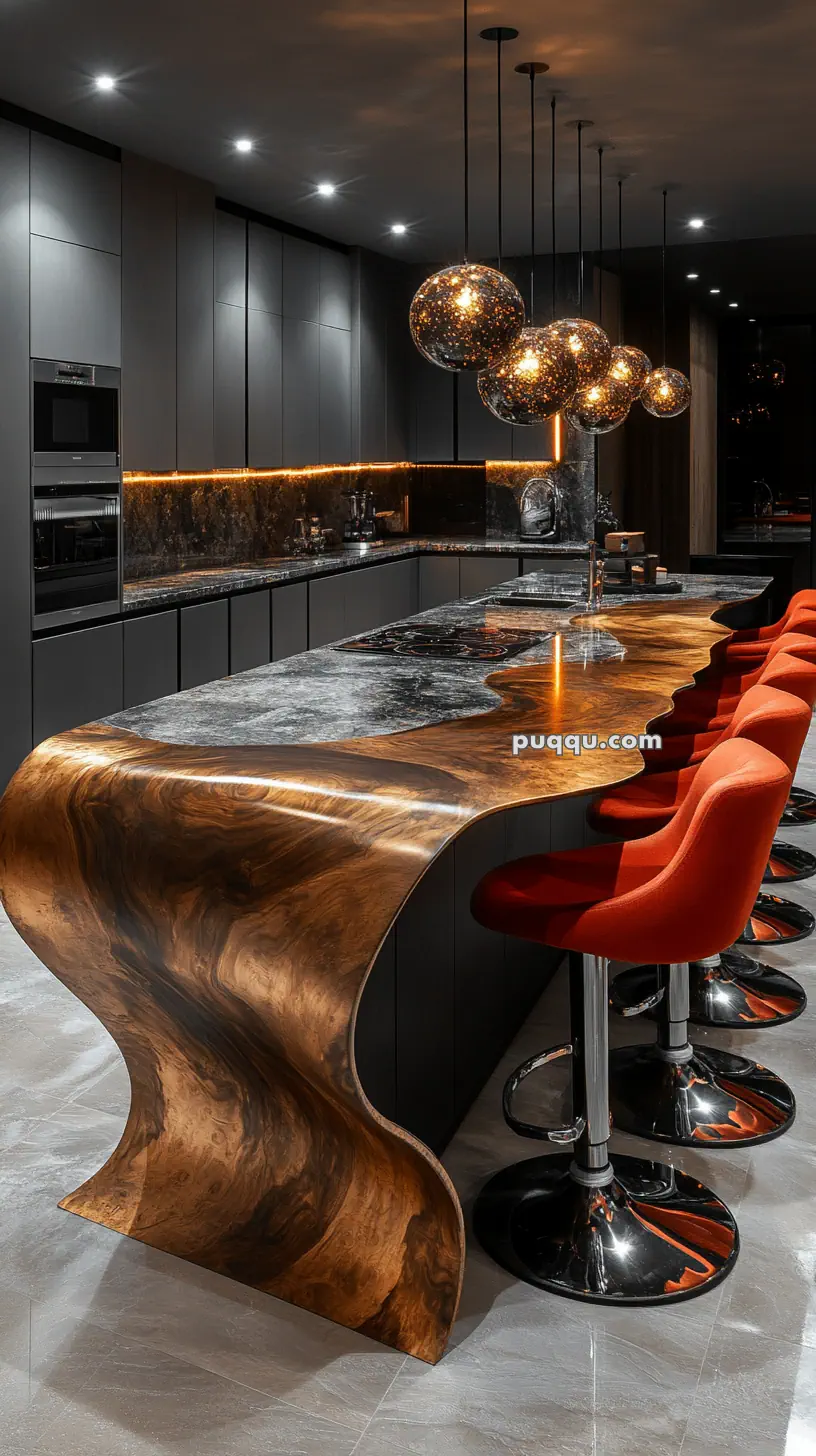 Stylish modern kitchen with a wavy wooden countertop, marble accents, orange barstools, and hanging globe pendant lights.