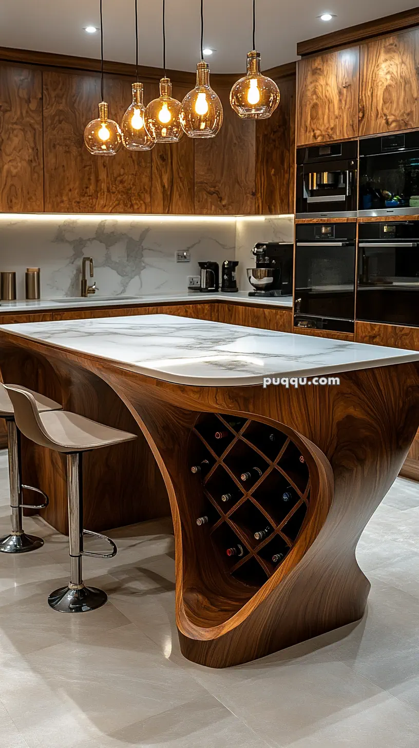 Modern kitchen with wooden cabinets, marble countertops, pendant lights, and integrated wine storage within a curved wooden island.