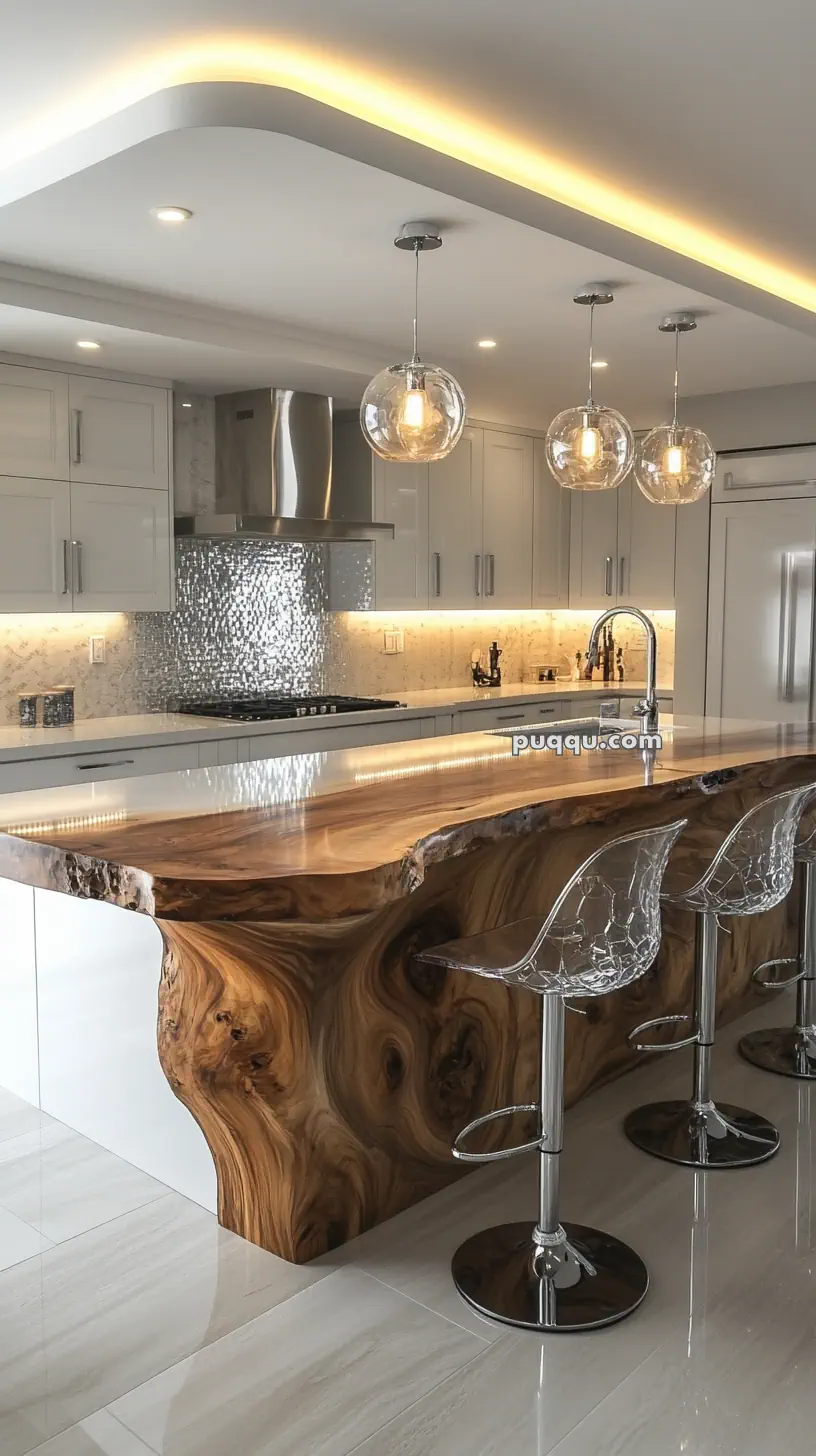 Modern kitchen with a polished wood island, transparent barstools, pendant lights, and white cabinetry.