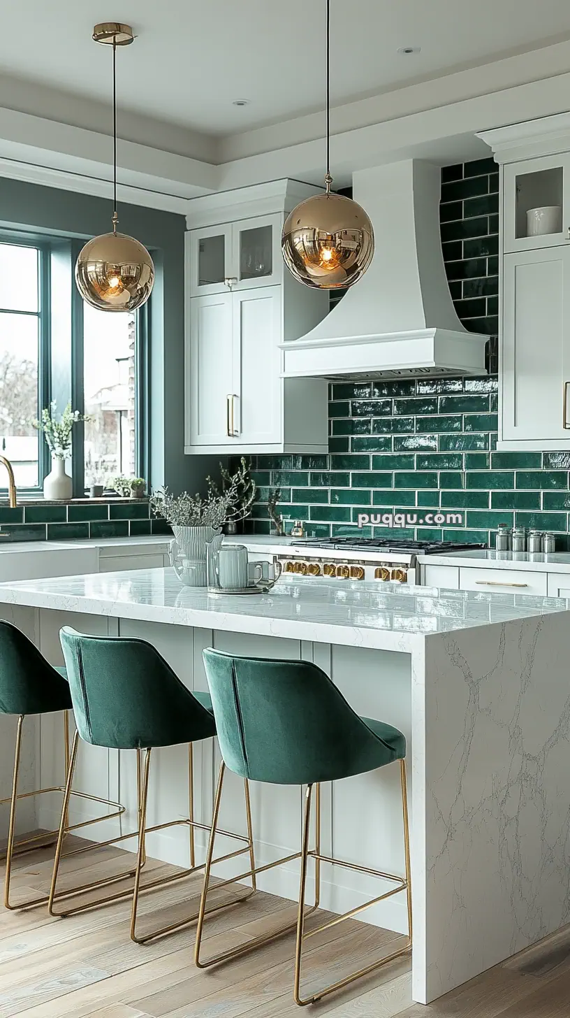 Modern kitchen with green velvet bar stools, white marble countertop, green subway tile backsplash, white cabinetry, and gold pendant lights.