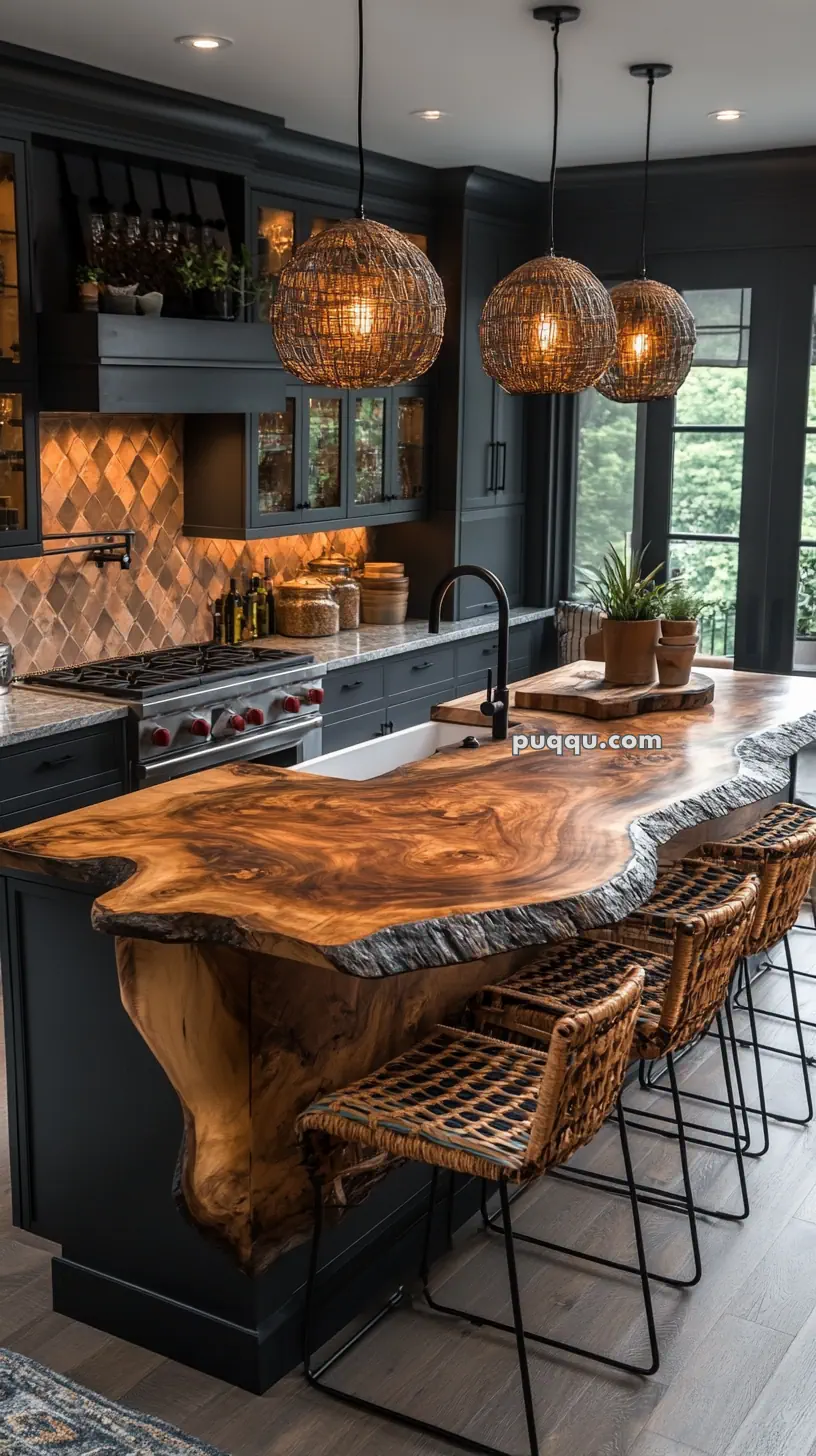 Modern kitchen with a large live-edge wooden island, wicker bar stools, pendant lights, and dark cabinetry.