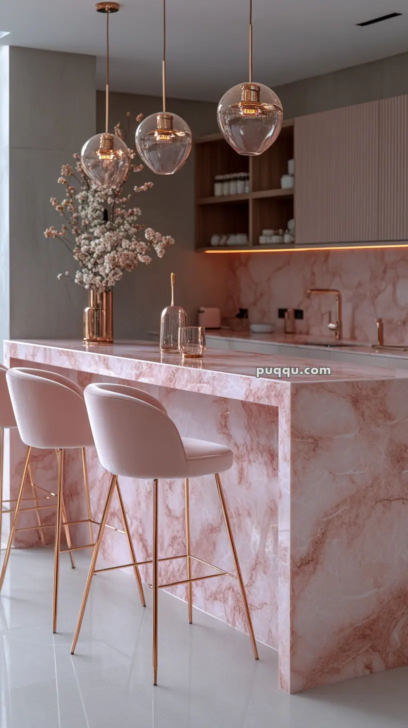 Modern kitchen with a pink marble island, gold barstools, pendant lights, and decorative flowers.