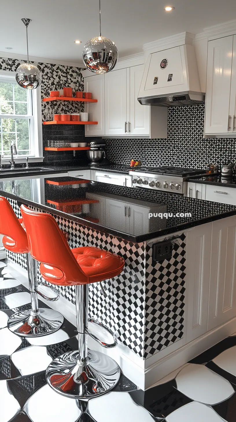 Black and white kitchen with black countertops, white cabinets, geometric backsplash, orange open shelves, and two orange bar stools.