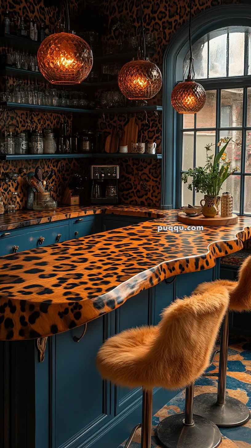 Kitchen with leopard print countertops and walls, blue cabinets, orange furry stools, and hanging glass pendant lights.