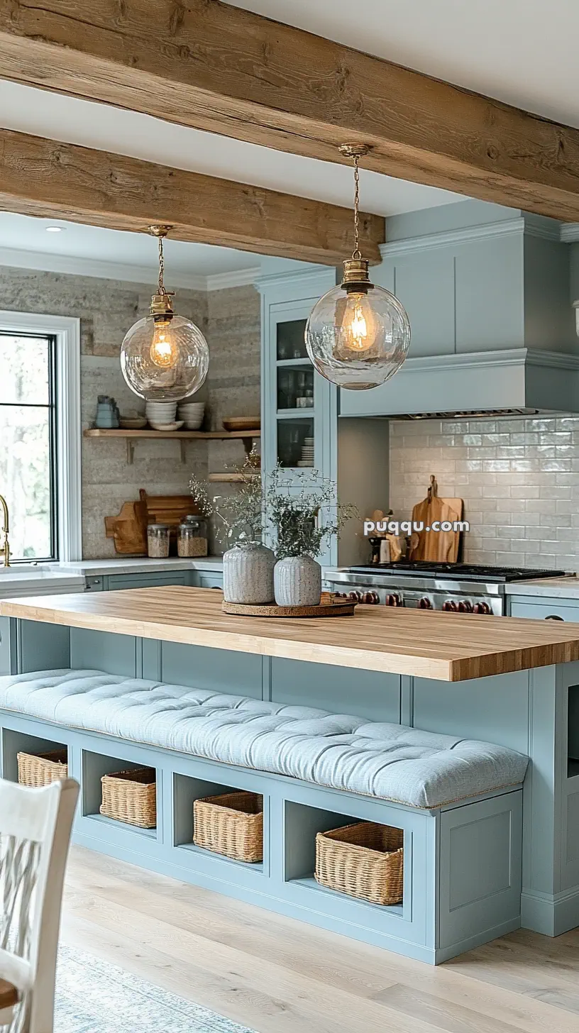 A cozy farmhouse kitchen with light blue cabinetry, a wooden beam ceiling, globe pendant lights, and a cushioned bench with storage baskets underneath.