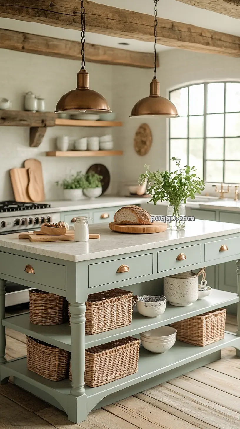 Rustic kitchen with a light green island, wicker baskets, copper pendant lights, open shelving, and a loaf of bread on a wooden board.