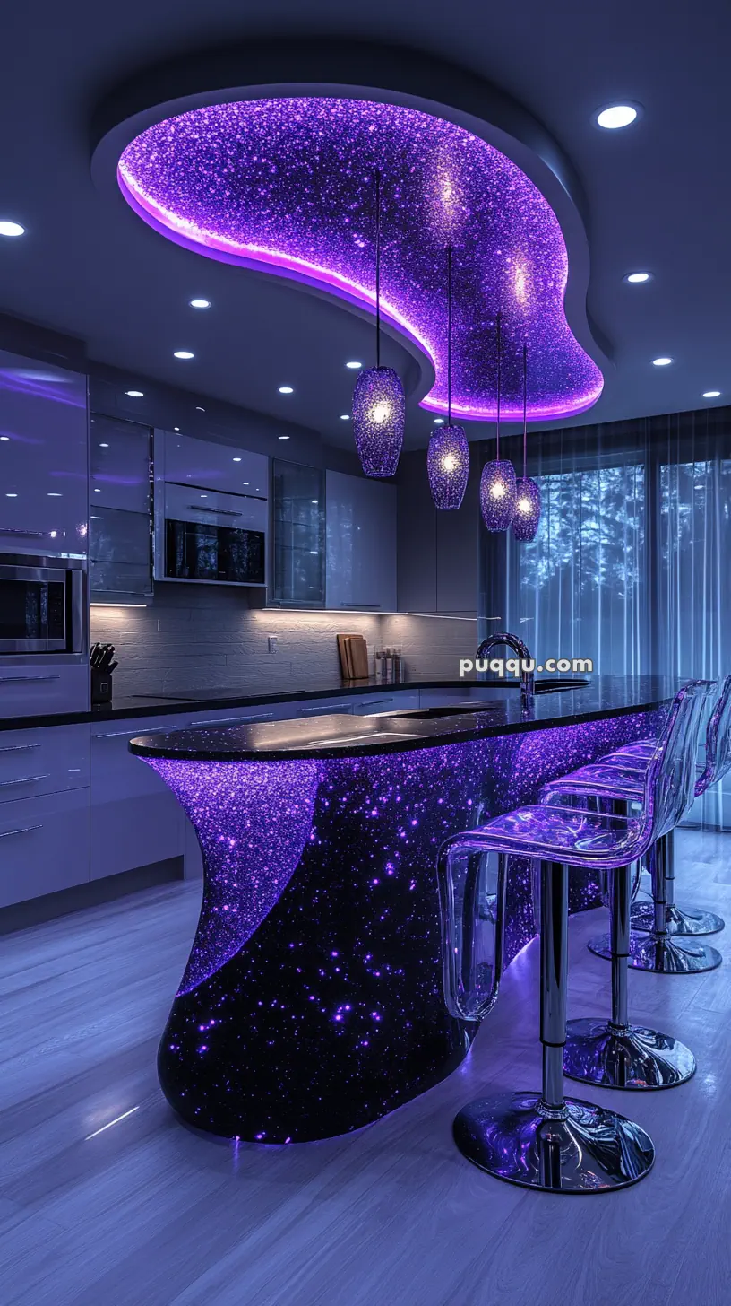 Futuristic kitchen with a curved, glowing purple countertop and matching ceiling, surrounded by modern appliances and transparent barstools.