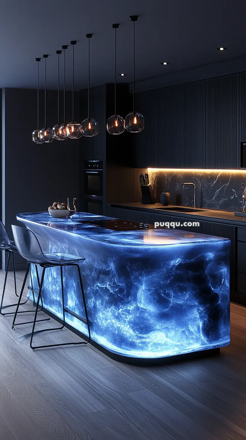 Modern kitchen with a glowing blue marble island, transparent high chairs, and pendant lights hanging from the ceiling.