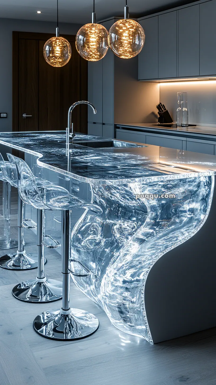 A modern kitchen with a transparent, illuminated island and three clear bar stools, topped with spherical pendant lights.