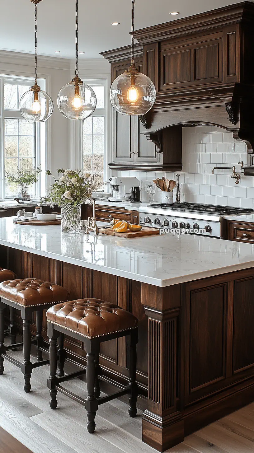 Elegant kitchen with dark wood cabinets, white countertop, hanging globe lights, and leather bar stools.