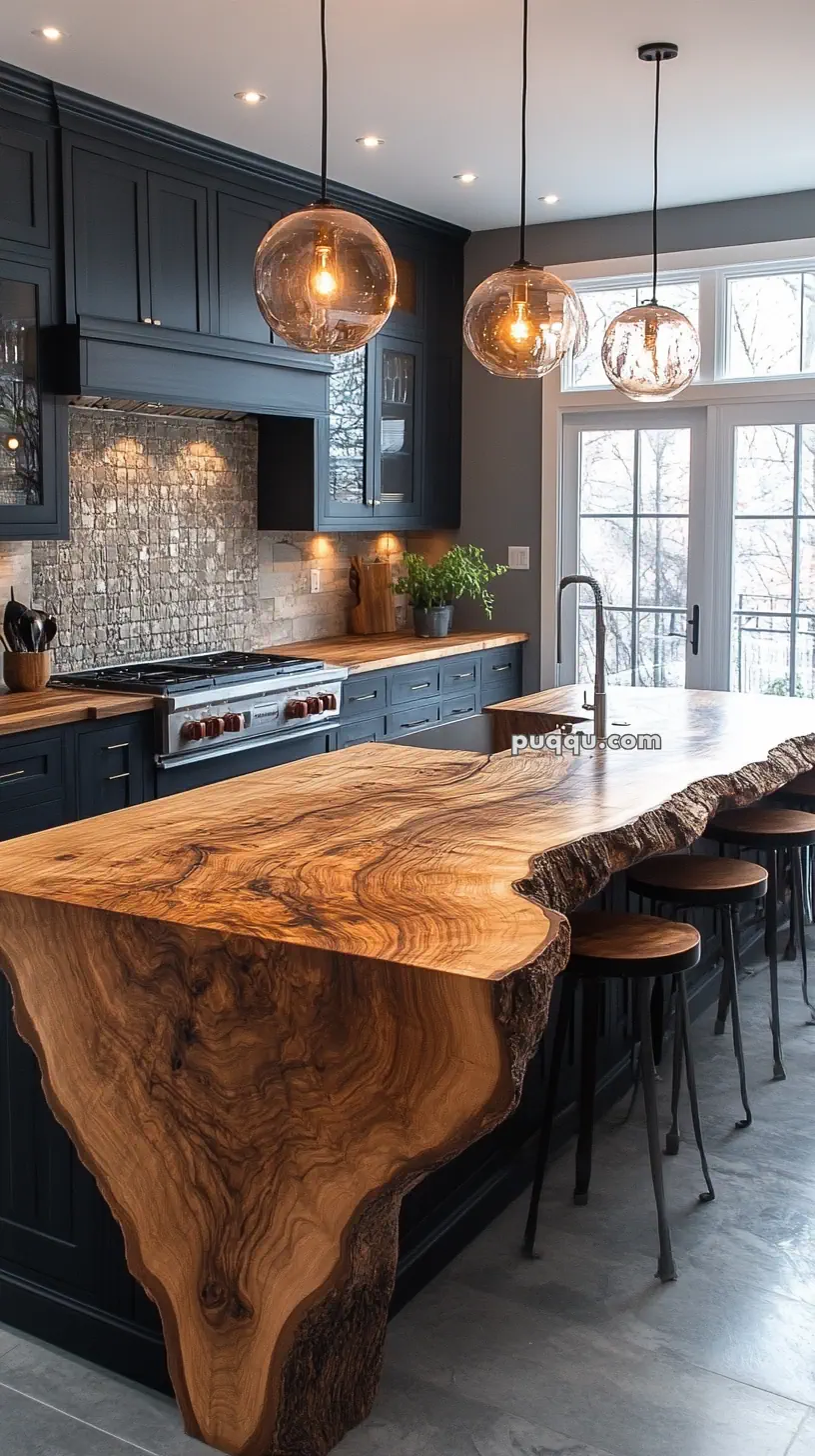 Rustic kitchen with a live-edge wooden island, dark cabinetry, glass pendant lights, and natural stone backsplash.