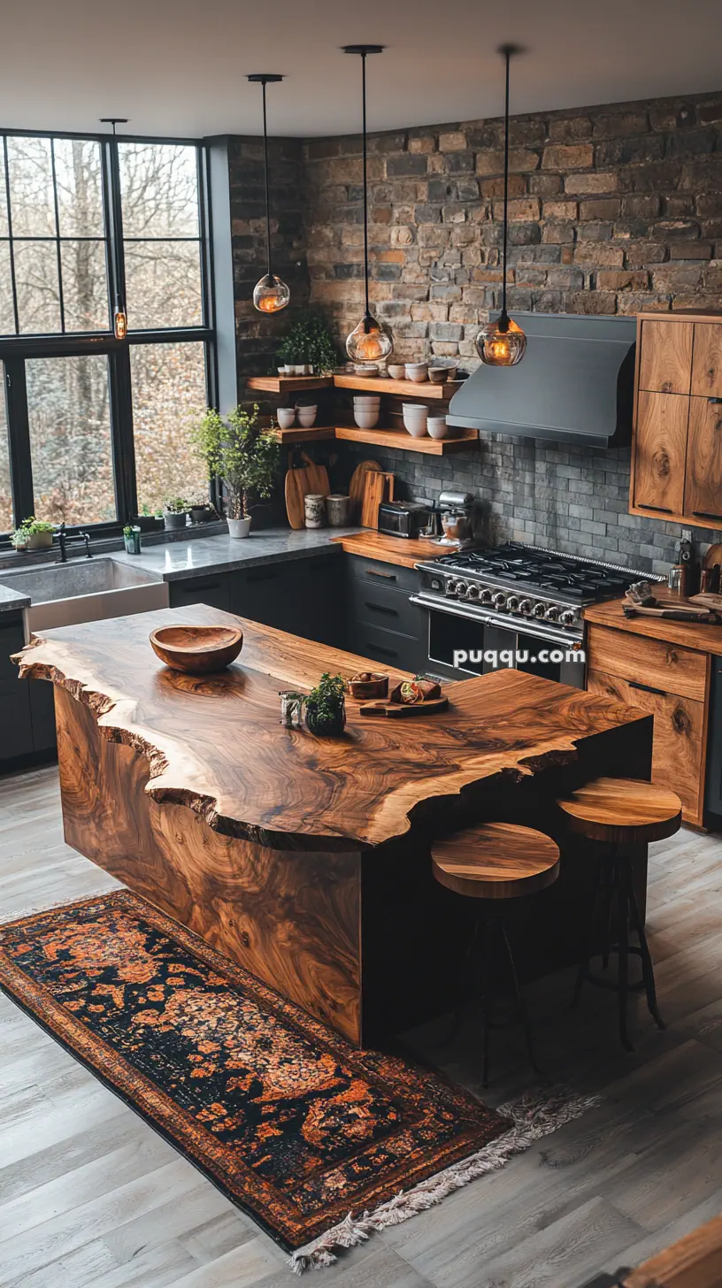 Rustic kitchen with a live-edge wooden island, stone walls, pendant lights, and large windows.