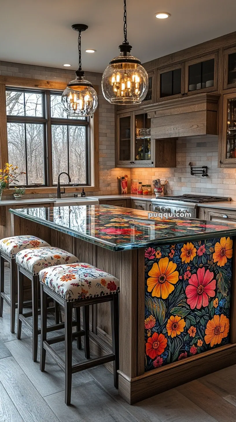 A rustic kitchen with a wooden island featuring a vibrant floral design and matching upholstered stools, large globe pendant lights, and a view of bare trees outside.