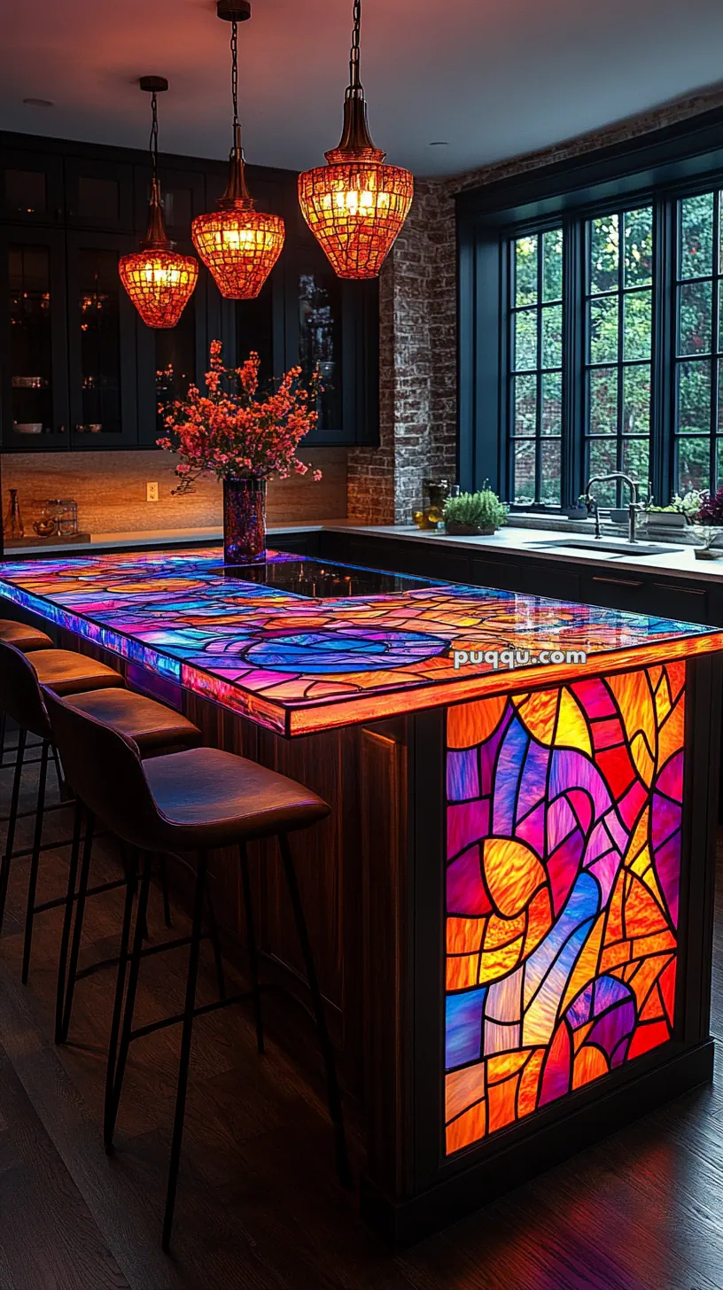 Stained glass kitchen island with vibrant colors, dark wood barstools, brick walls, pendant lights, and a floral arrangement.