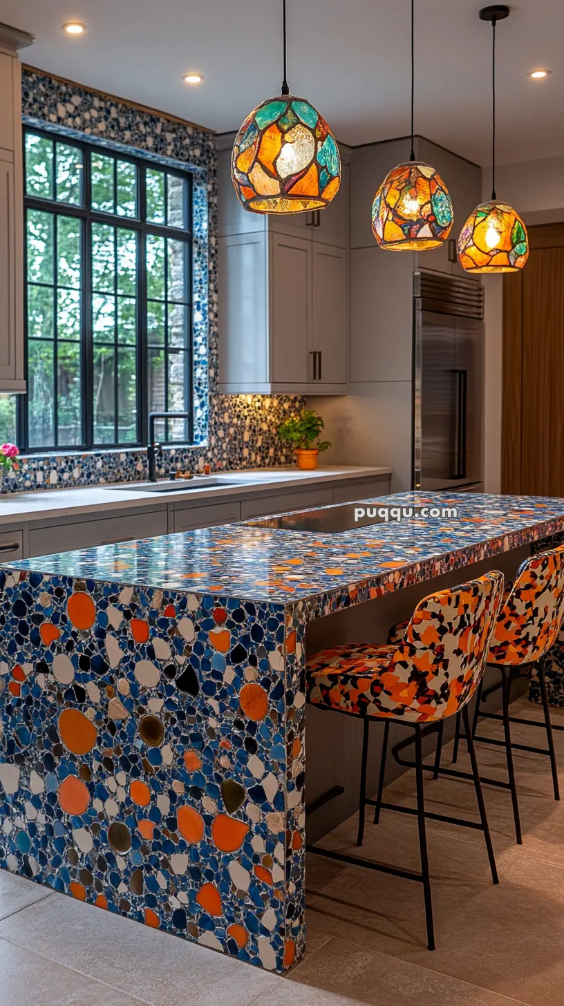 A kitchen with a colorful mosaic island, patterned bar stools, and stained glass pendant lights.