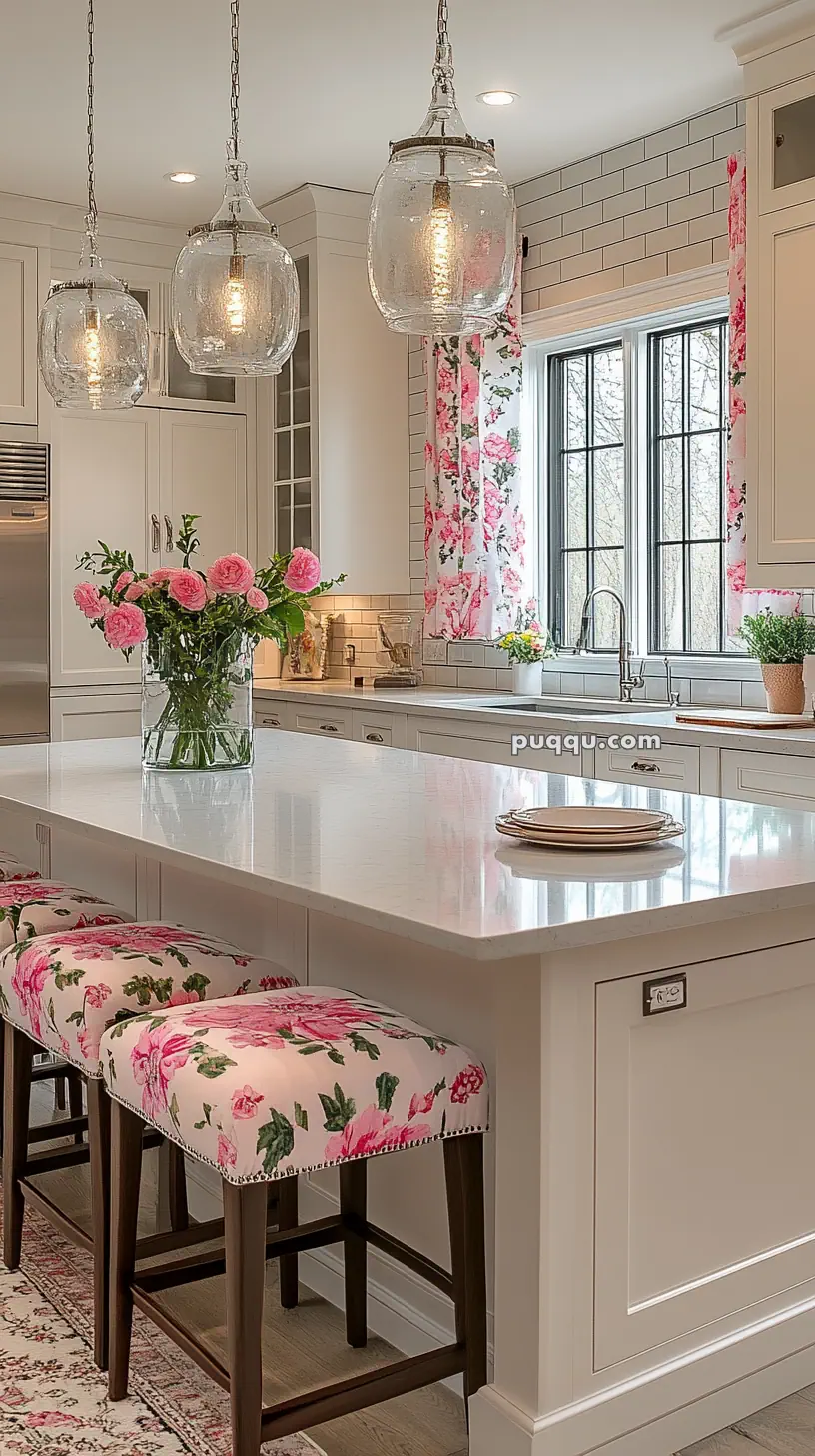 Bright kitchen with white cabinetry, floral pink curtains, matching stool upholstery, and glass pendant lights above an island.