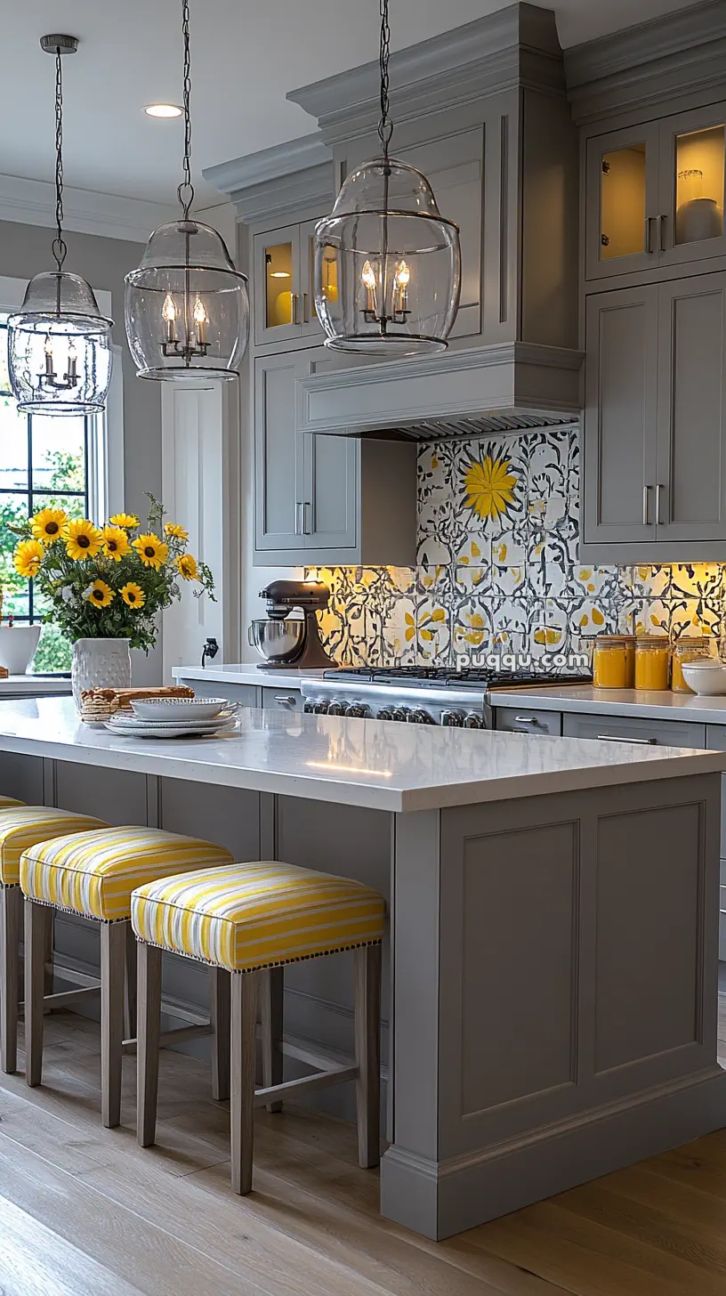 Gray kitchen with sunflower-themed decor, featuring a white island, yellow-striped stools, pendant lights, and floral tile backsplash.