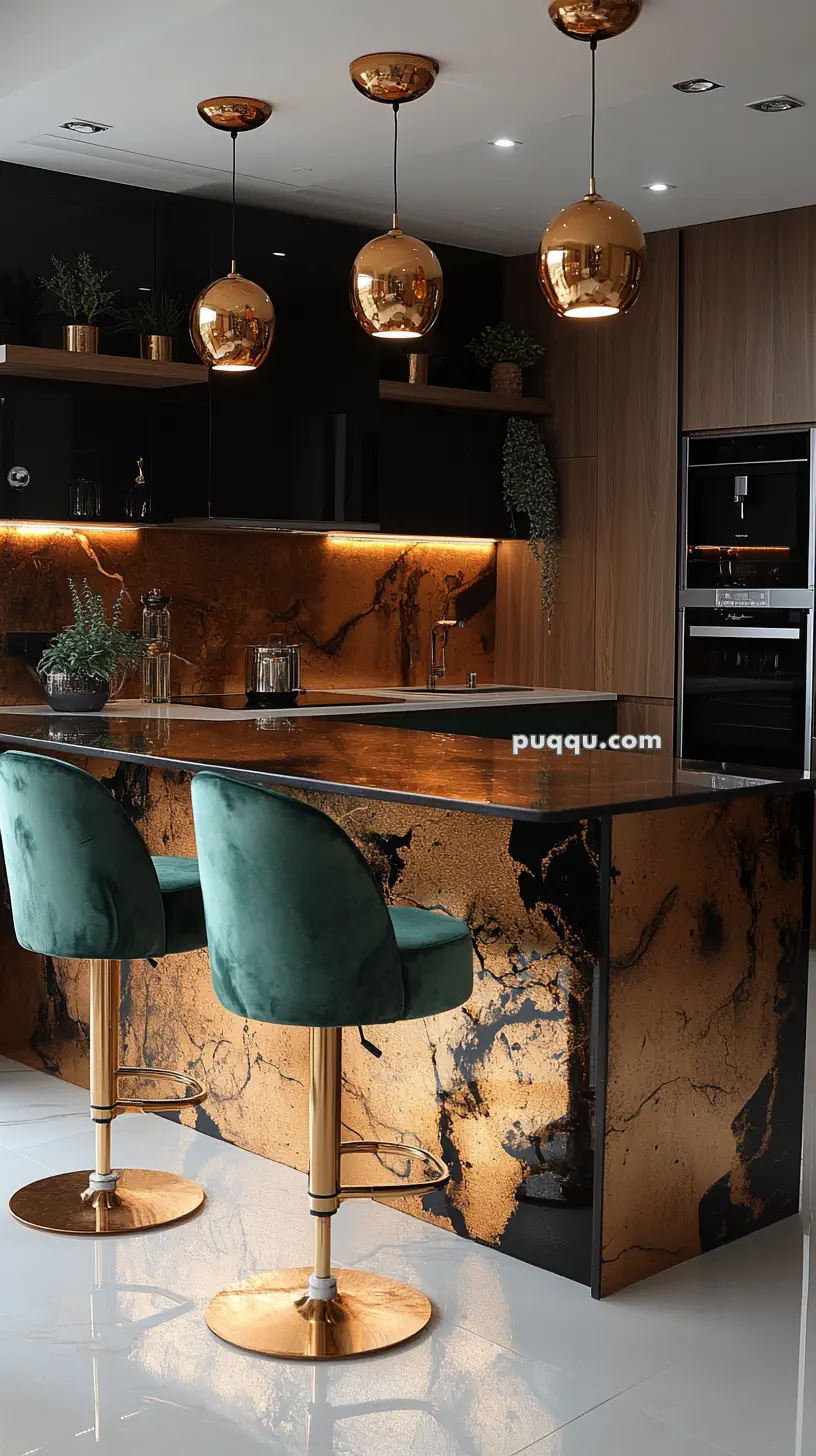 Modern kitchen with marble-patterned island, green velvet bar stools, and copper pendant lights.