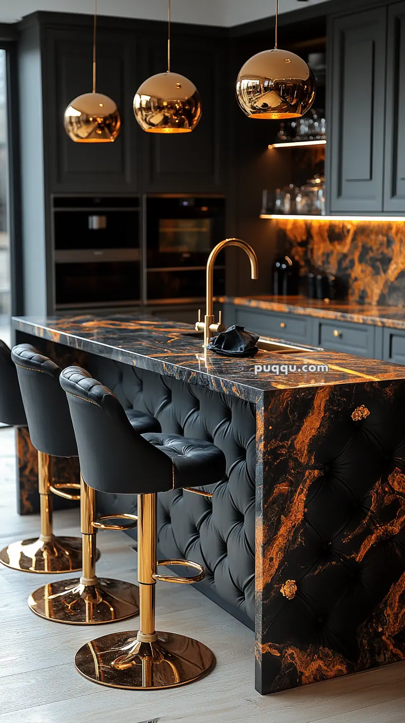 Luxurious modern kitchen with black and gold marble island, tufted leather bar stools, and gold pendant lighting.