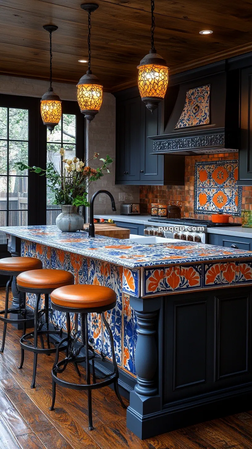 A kitchen with dark cabinets, a patterned tile island featuring orange and blue designs, orange cushioned stools, and pendant lights with a warm glow.