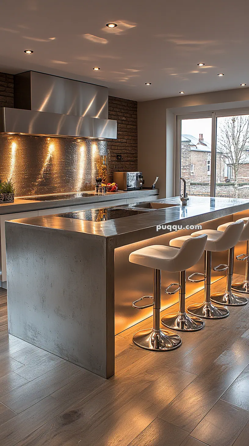 Modern kitchen with a large concrete island, stainless steel appliances, bar stools, and under-cabinet lighting.