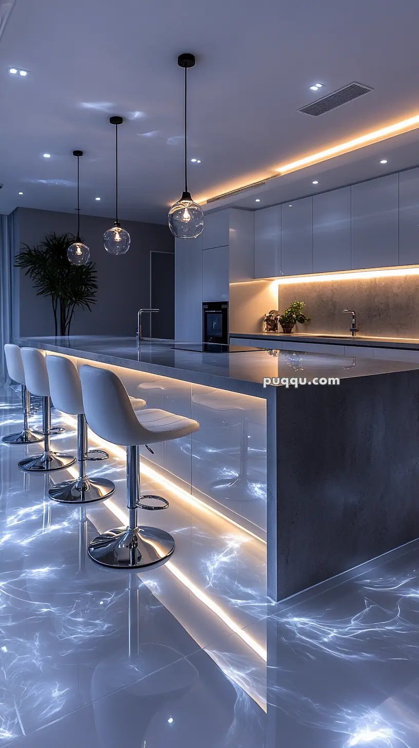 Modern kitchen with an illuminated island, bar stools, pendant lights, and open cabinets.