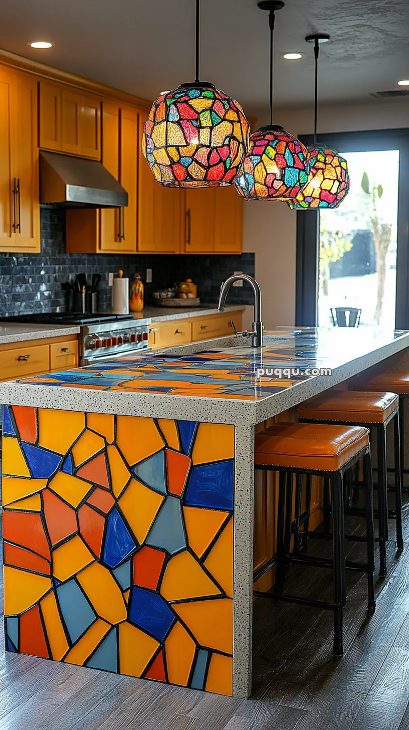 Kitchen interior with colorful mosaic tiles on an island and pendant lights, yellow cabinetry, and a stainless steel stove.