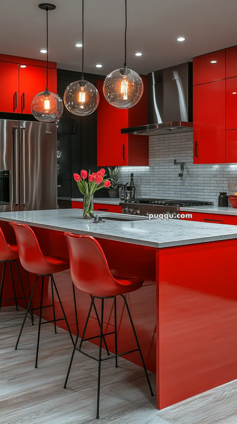 Modern kitchen with glossy red cabinets and island, featuring pendant lights, tulips in a vase, and red bar stools.