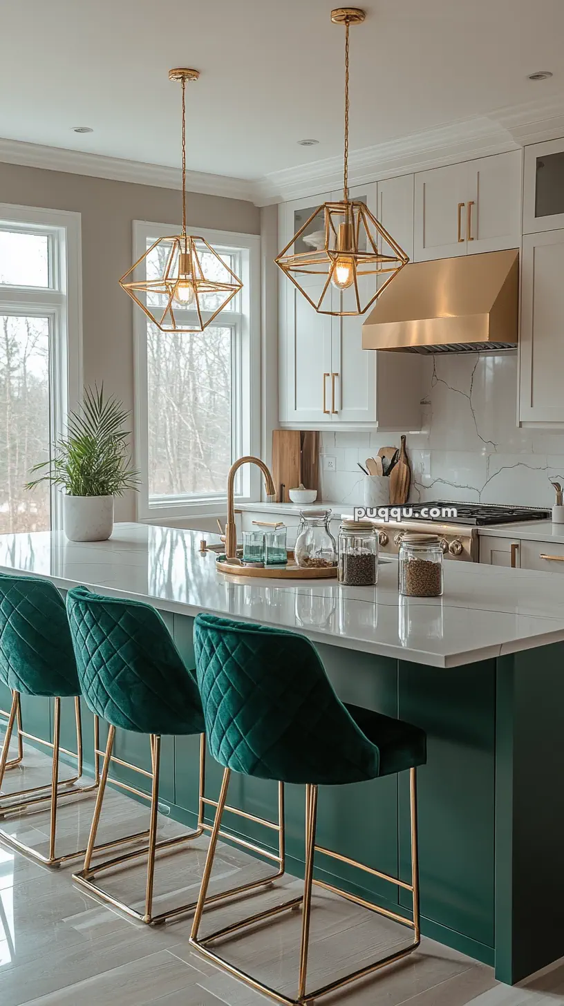 Modern kitchen with green velvet bar stools, a white island, geometric pendant lights, and white cabinetry.