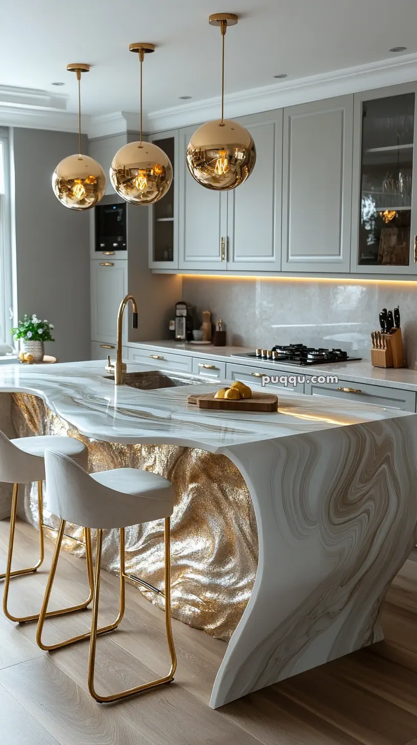 Modern kitchen with elegant marble island, metallic gold accents, and pendant lighting.