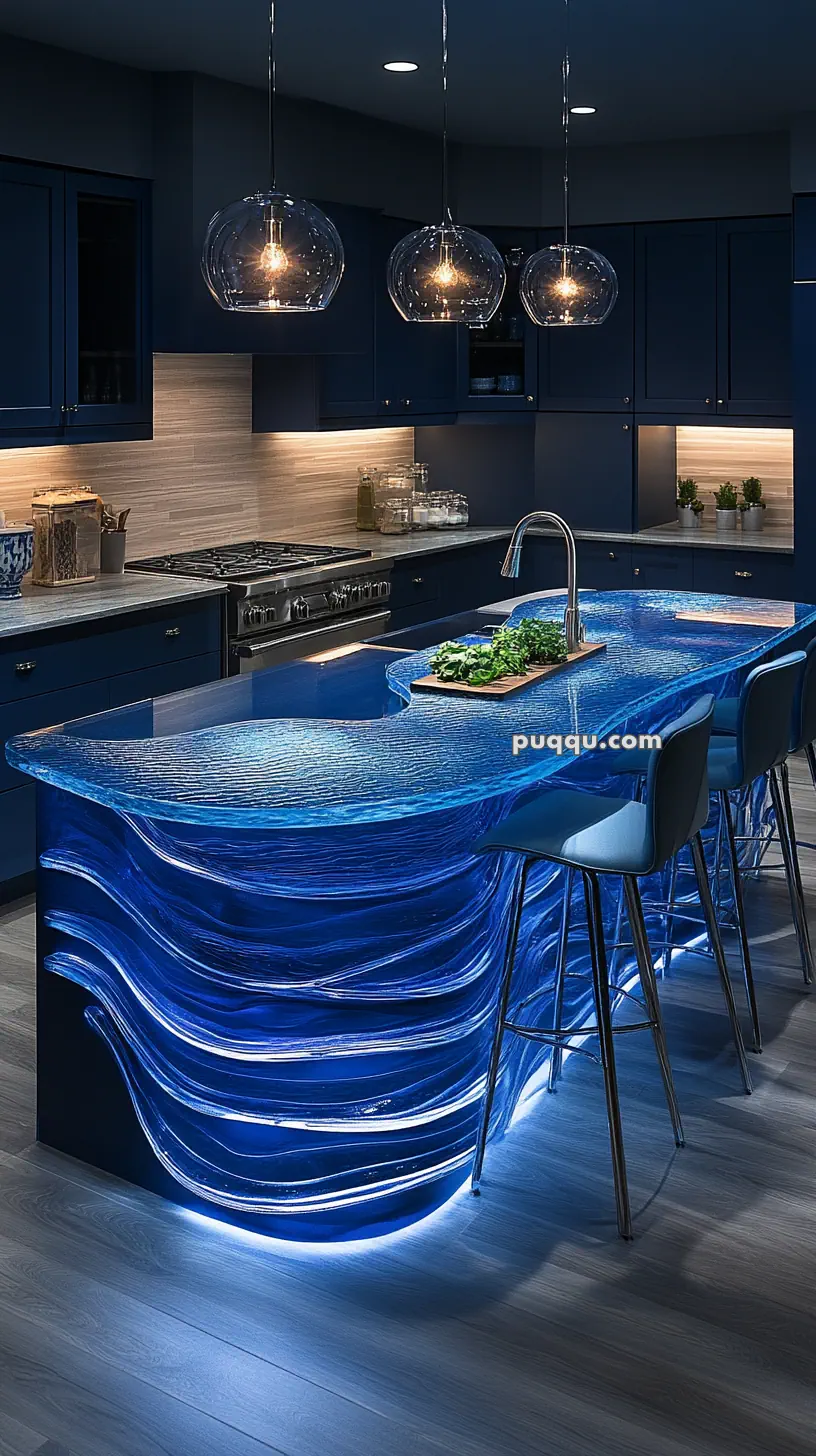 A modern kitchen featuring a wavy, illuminated blue countertop with a metallic faucet, surrounded by blue cabinetry and hanging pendant lights.