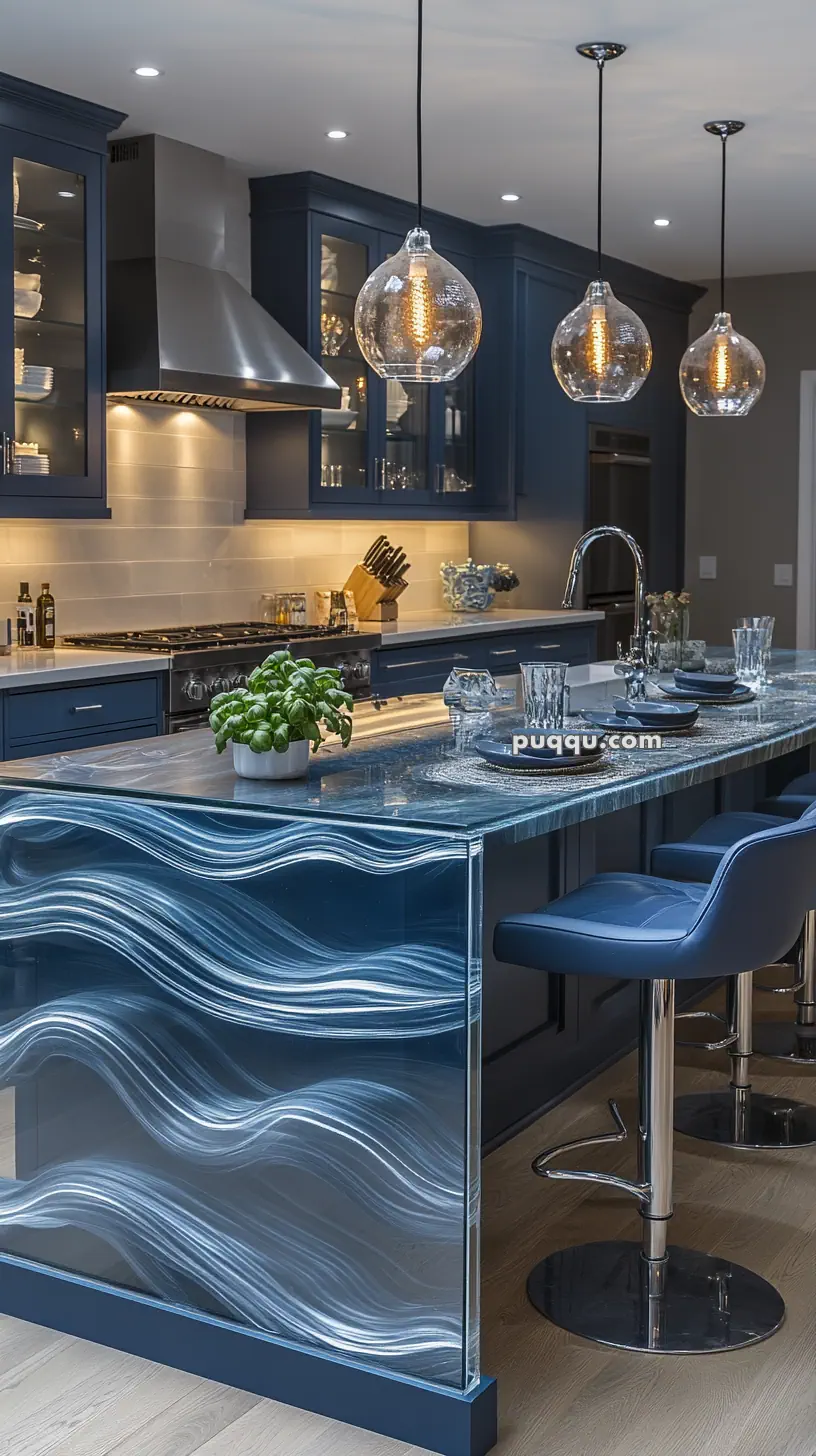 Modern kitchen with blue cabinetry, a large island featuring a wavy glass design, pendant lighting, and bar stools.