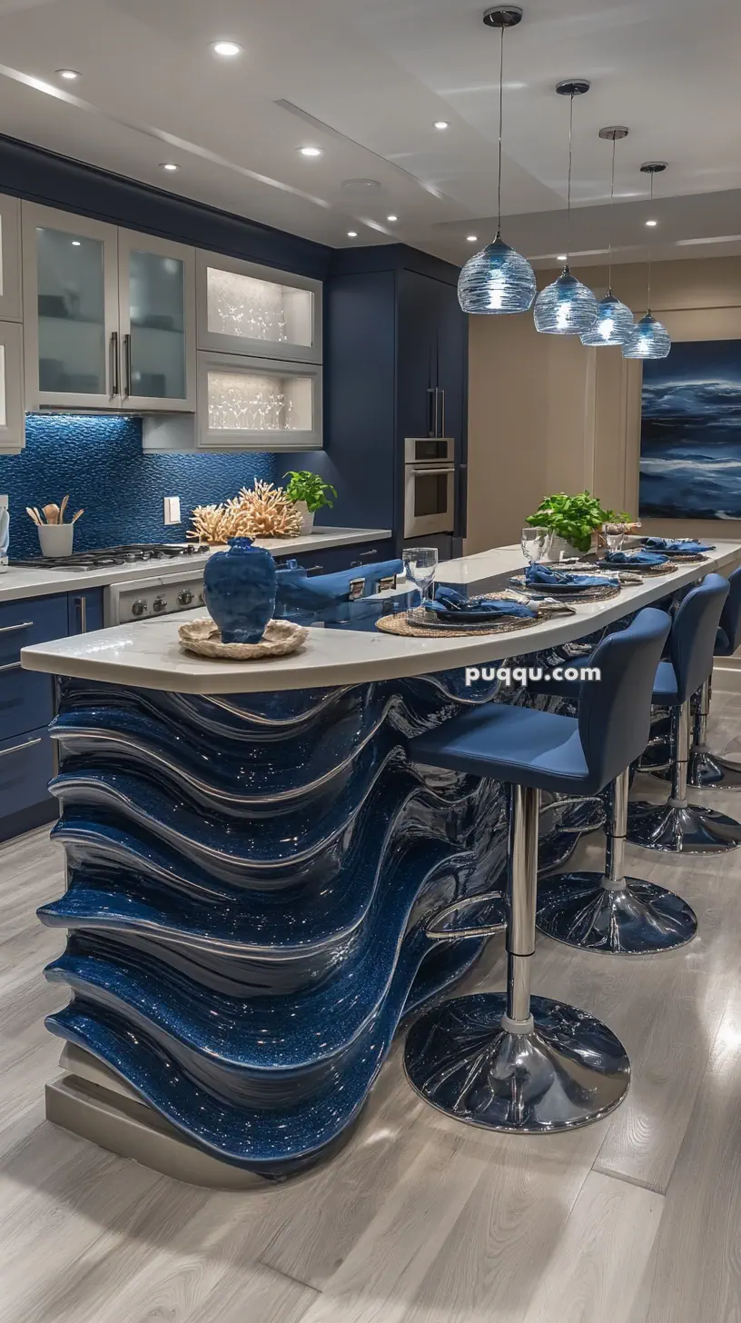 Modern kitchen with blue cabinetry, wave-patterned island, integrated appliances, decorative blue lighting, and stools.