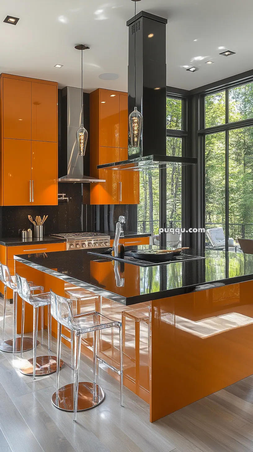 Modern kitchen with glossy orange cabinets, black countertops, transparent bar stools, and large windows.