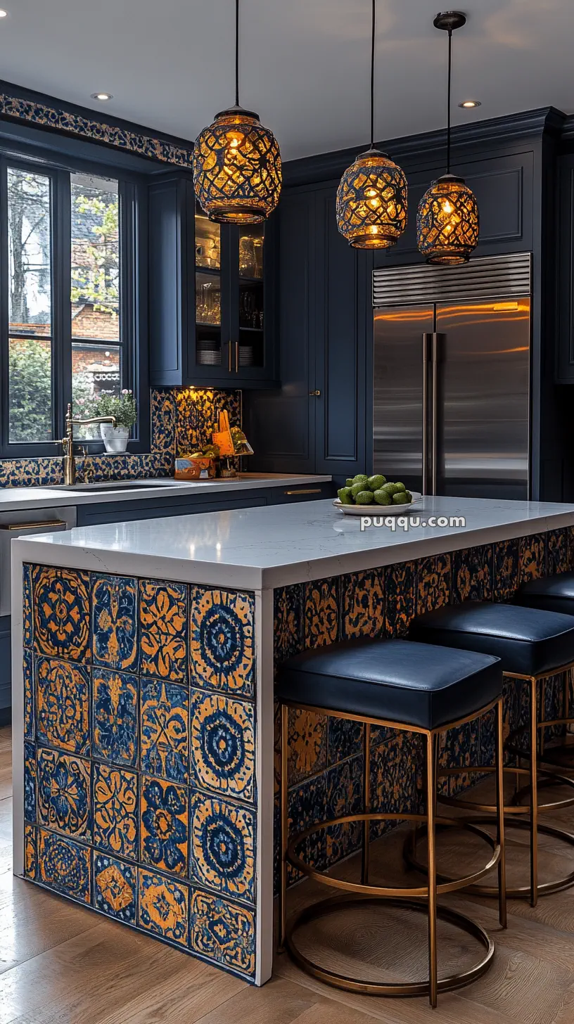 Stylish kitchen with dark cabinets, patterned tile accents, a marble island, ornate pendant lights, and bar stools.