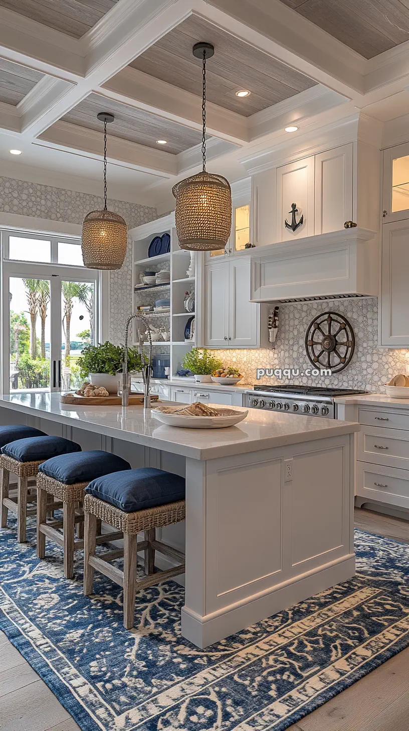 Coastal-themed kitchen with white cabinetry, a large island, blue cushioned stools, patterned rug, and nautical decor.