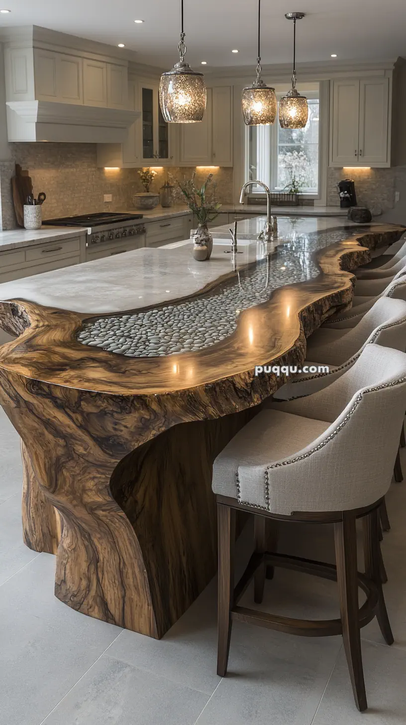 A modern kitchen with a large, uniquely designed wooden island featuring a glossy, pebble-filled surface and surrounded by bar stools.