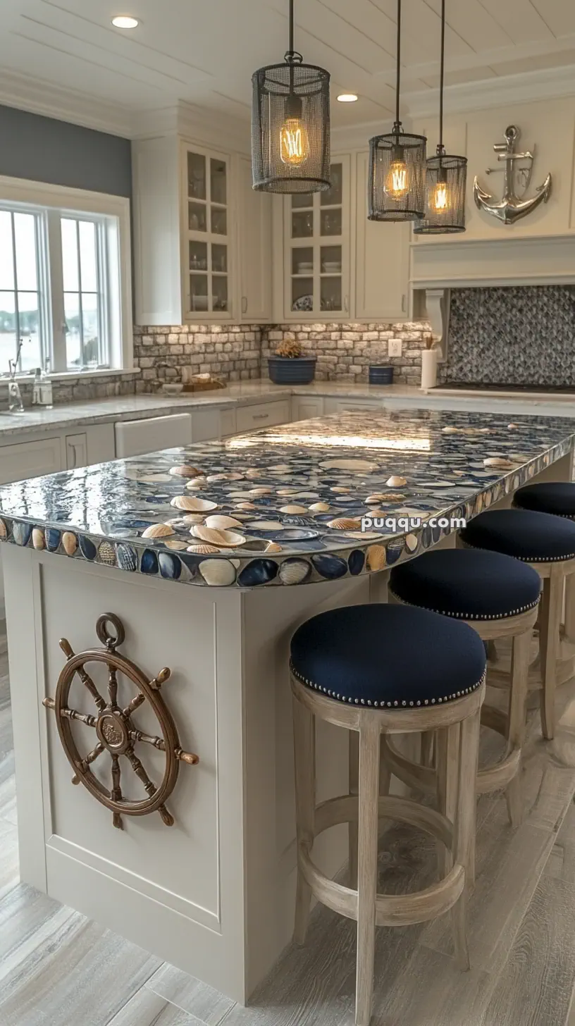 Nautical-themed kitchen with seashell-embedded countertop, navy blue stools, ship wheel detail, and anchor decor.